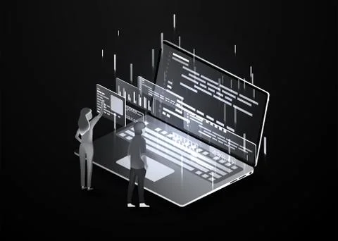 Development and software. Concept of programming, data processing. Computer c Illustrazione stock