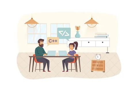 Development and testing software scene. Man and woman working on laptops, fix Stock Illustration