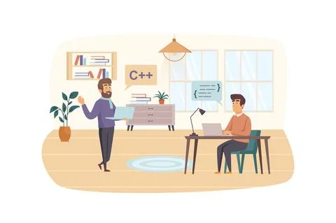 Development and testing software scene. Men programmers working on laptops, f Stock Illustration