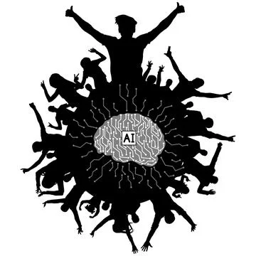 Development of artificial intelligence and cheerful crowd of people, silhou.. 스톡 일러스트