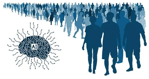 Development of artificial intelligence and crowd of people, silhouette. Vec.. 스톡 일러스트