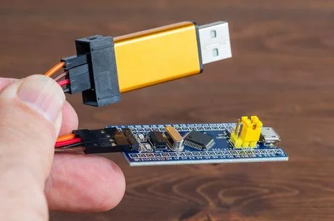 Development board STM and programmer in hand Stock-Fotos
