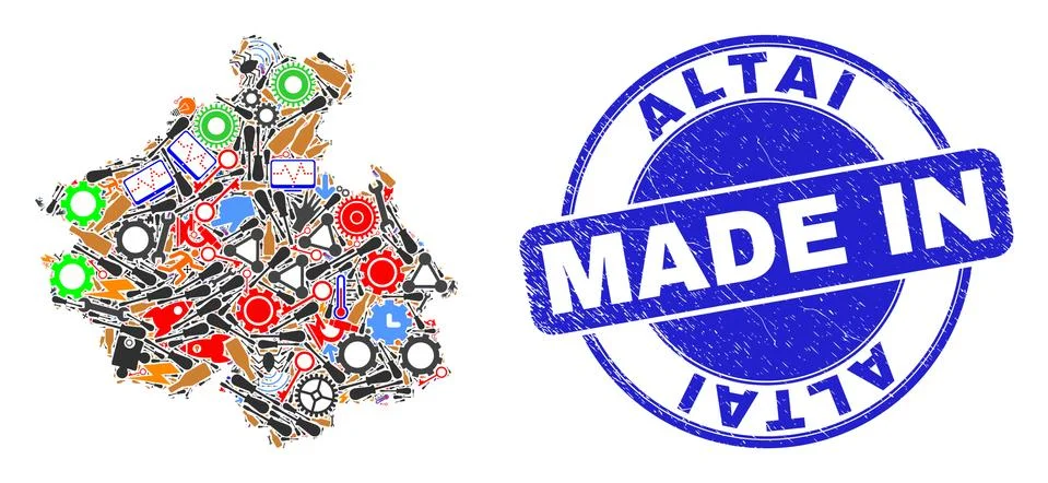 Development Collage Altai Republic Map and Made in Distress Stamp Seal イラスト素材