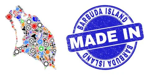 Development Collage Barbuda Island Map and Made in Distress Rubber Stamp Stock Illustration