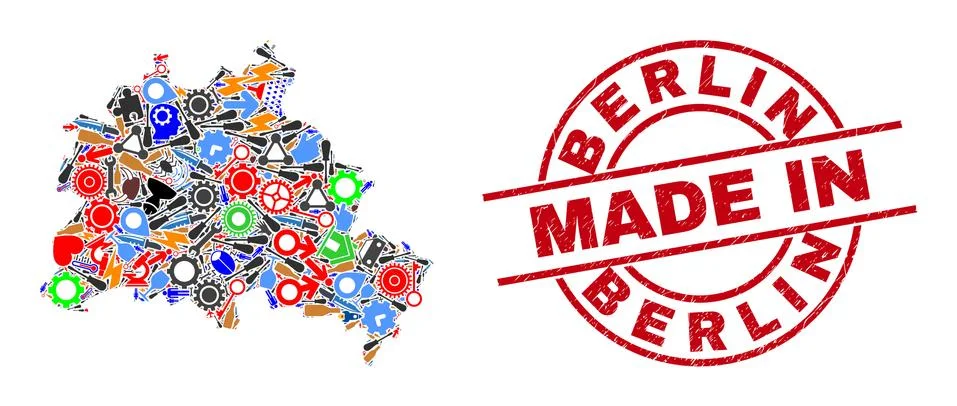 Development Collage Berlin City Map and Made in Distress Watermark Stock Illustration