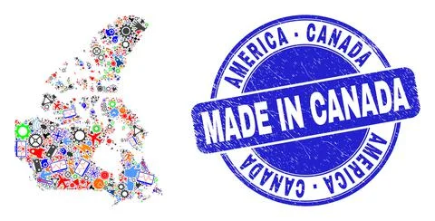 Development Collage Canada V2 Map and Made in Scratched Stamp Seal 스톡 일러스트