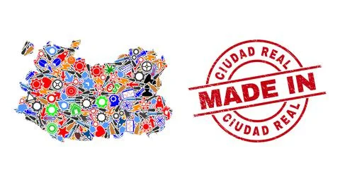 Development Collage Ciudad Real Province Map and Made in Scratched Stamp イラスト素材