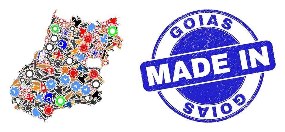 Development Collage Goias State Map and Made in Scratched Rubber Stamp Stock Illustration