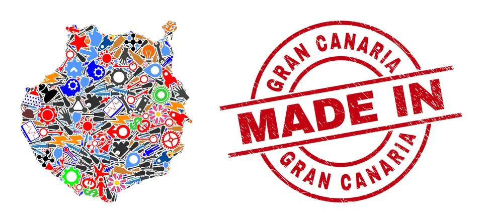 Development Collage Gran Canaria Map and Made in Distress Seal Stock Illustration