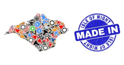 Development Collage Isle of Wight Map and Made in Scratched Rubber Stamp Stock Illustration