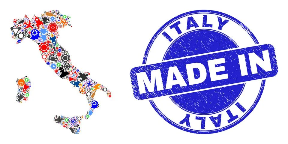 Development Collage Italy Map and Made in Grunge Stamp Seal イラスト素材