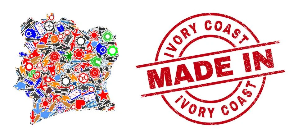 Development Collage Ivory Coast Map and Made in Grunge Seal Stock Illustration