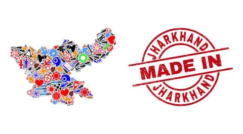 Development Collage Jharkhand State Map and Made in Distress Stamp Seal イラスト素材