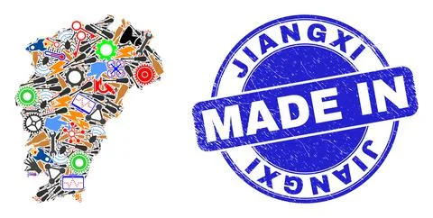 Development Collage Jiangxi Province Map and Made in Distress Rubber Stamp Illustrazione stock