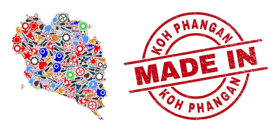 Development Collage Koh Phangan Map and Made in Grunge Stamp Seal Illustrazione stock