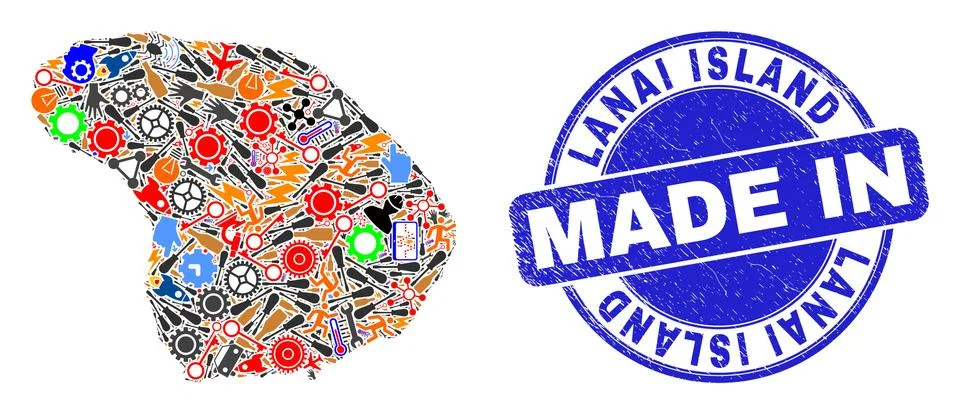 Development Collage Lanai Island Map and Made in Textured Watermark Stock Illustration