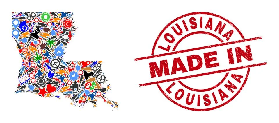 Development Collage Louisiana State Map and Made in Distress Stamp Seal 스톡 일러스트