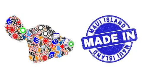 Development Collage Maui Island Map and Made in Grunge Rubber Stamp イラスト素材