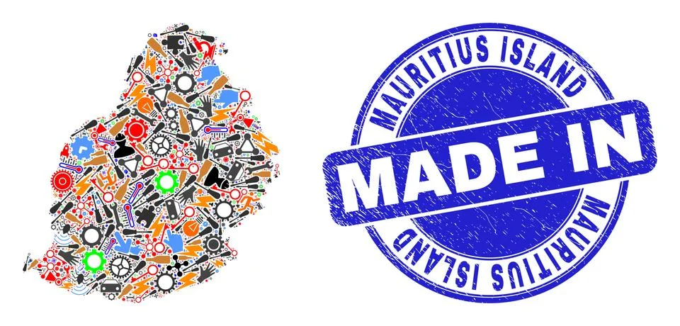 Development Collage Mauritius Island Map and Made in Textured Rubber Stamp 스톡 일러스트