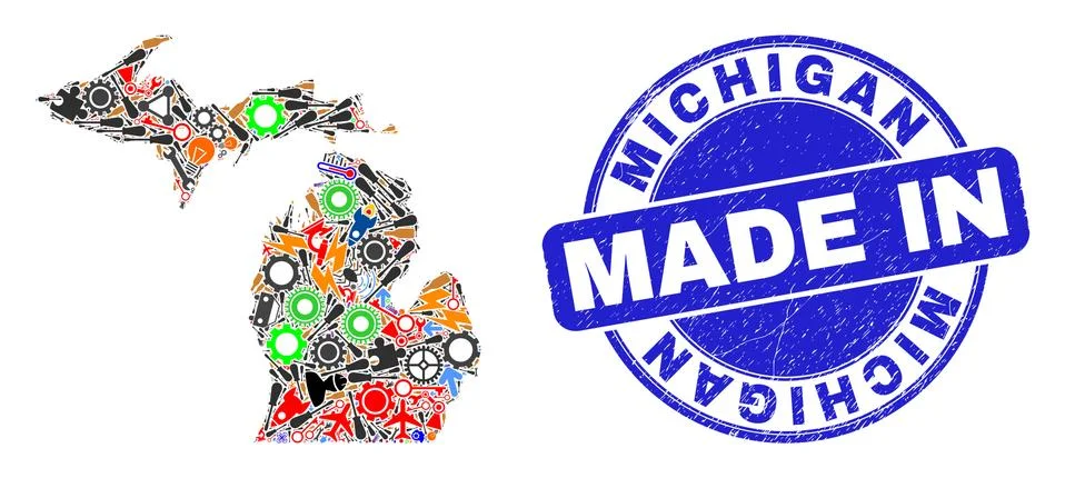 Development Collage Michigan State Map and Made in Grunge Stamp 스톡 일러스트