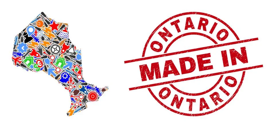 Development Collage Ontario Province Map and Made in Textured Watermark 스톡 일러스트