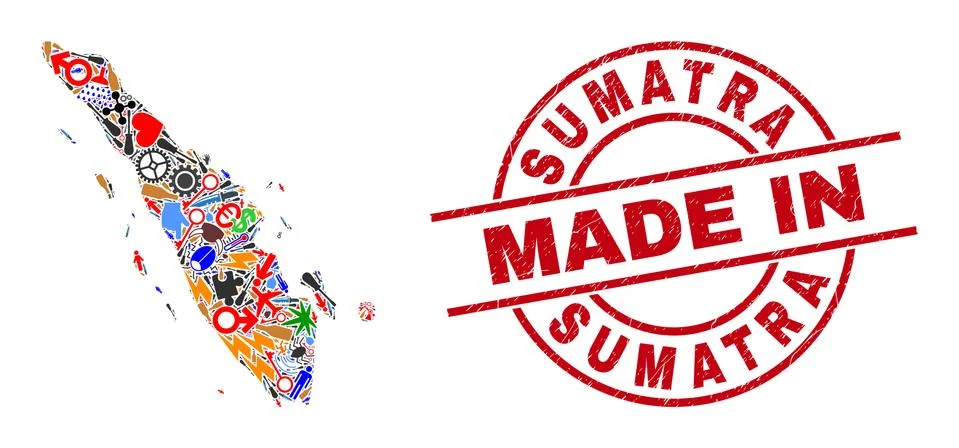 Development Collage Sumatra Map and Made in Scratched Watermark Stock Illustration