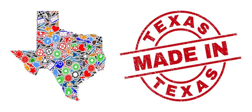 Development Collage Texas State Map and Made in Distress Rubber Stamp 스톡 일러스트