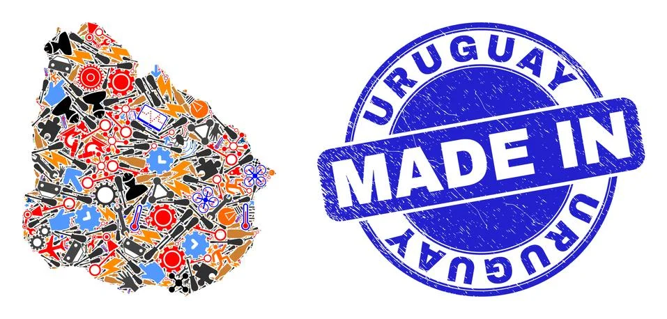 Development Collage Uruguay Map and Made in Grunge Seal Stock Illustration