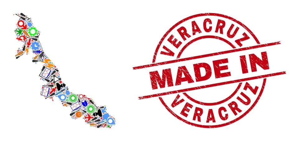 Development Collage Veracruz State Map and Made in Scratched Rubber Stamp Stock Illustration