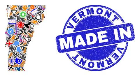 Development Collage Vermont State Map and Made in Textured Rubber Stamp 스톡 일러스트