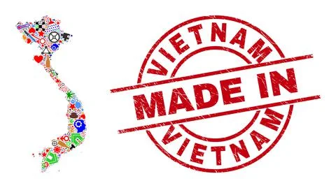 Development Collage Vietnam Map and Made in Grunge Rubber Stamp 스톡 일러스트
