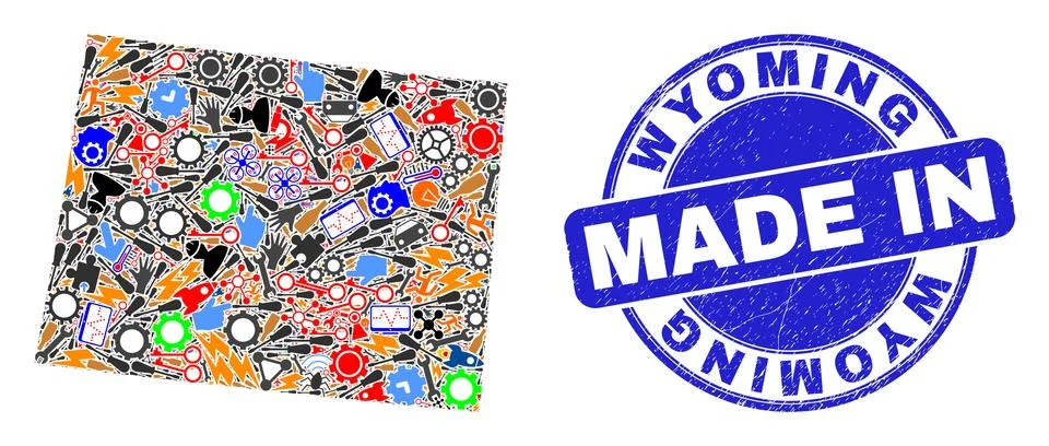 Development Collage Wyoming State Map and Made in Scratched Stamp 스톡 일러스트