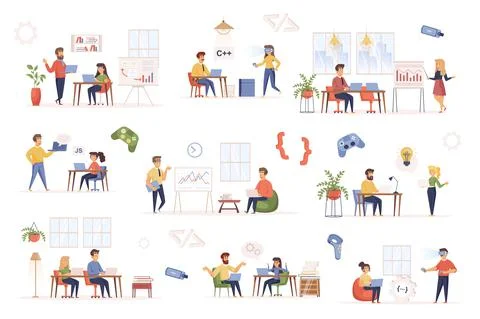 Development company bundle of flat scenes. Stockillustratie