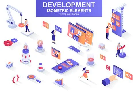 Development company bundle of isometric elements. Stock Illustration