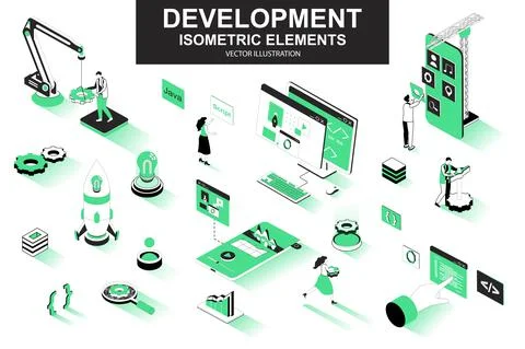 Development company bundle of isometric elements. interface prototyping, back Stock Illustration