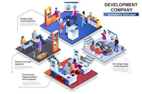 Development company interior isometric concept. Scenes of approval and design Stock Illustration