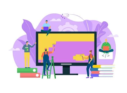 Development computer application, tiny character male female teamwork develop 스톡 일러스트