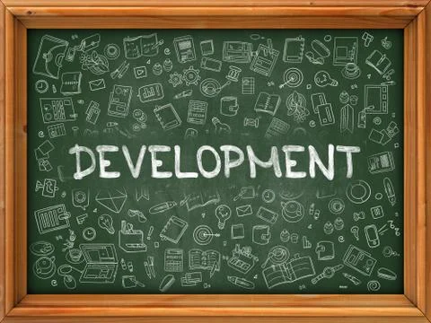 Development Concept. Green Chalkboard with Doodle Icons Stock Illustration