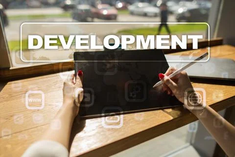 Development concept on virtual screen. Software. Personal. Stock Illustration