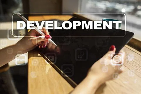 Development concept on virtual screen. Software. Personal. Stock Photos