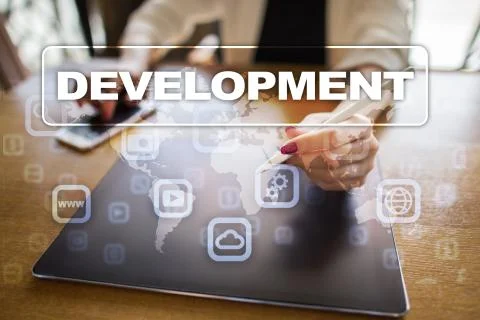 Development concept on virtual screen. Software. Personal. Stock-Fotos