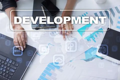 Development concept on virtual screen. Software. Personal. Foto stock