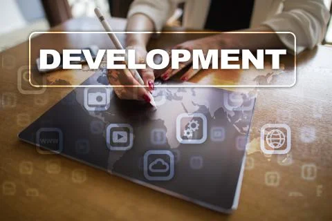 Development concept on virtual screen. Software. Personal. 库存照片