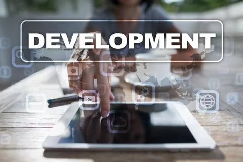 Development concept on virtual screen. Software. Personal. Foto stock