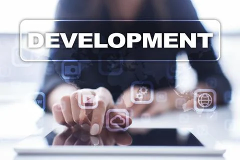 Development concept on virtual screen. Software. Personal. Foto stock