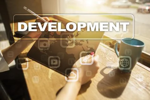 Development concept on virtual screen. Software. Personal. Foto stock