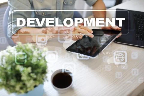 Development concept on virtual screen. Software. Personal. Foto stock