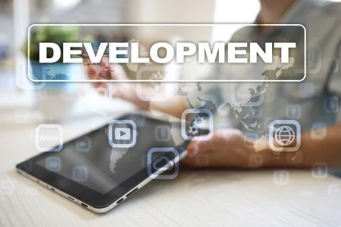 Development concept on virtual screen. Software. Personal. Foto stock