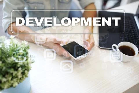 Development concept on virtual screen. Software. Personal. Stock Photos