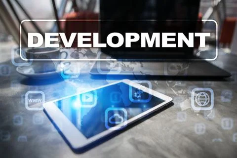 Development concept on virtual screen. Software. Personal. Stock Photos